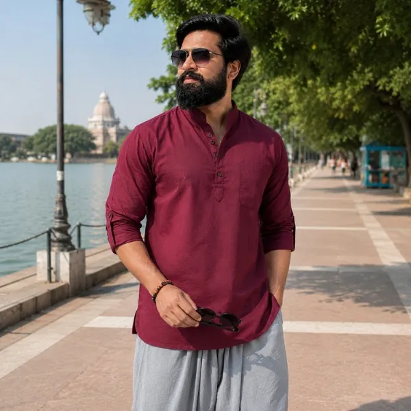Men's Maroon Cotton Kurta – Mandarin Collar with Chest Pocket