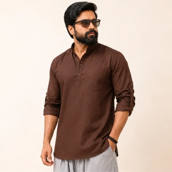 Men's Brown Cotton Kurta – Mandarin Collar with Chest Pocket
