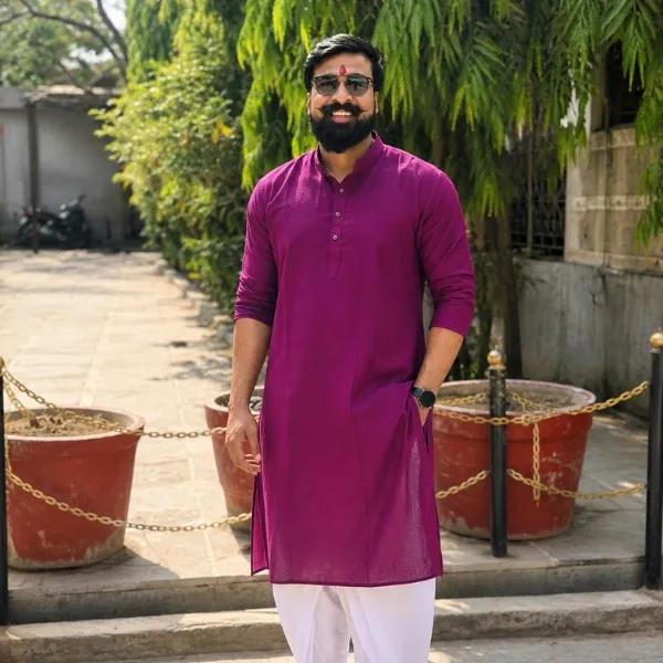 Men's Magenta Cotton Long Kurta – Mandarin Collar