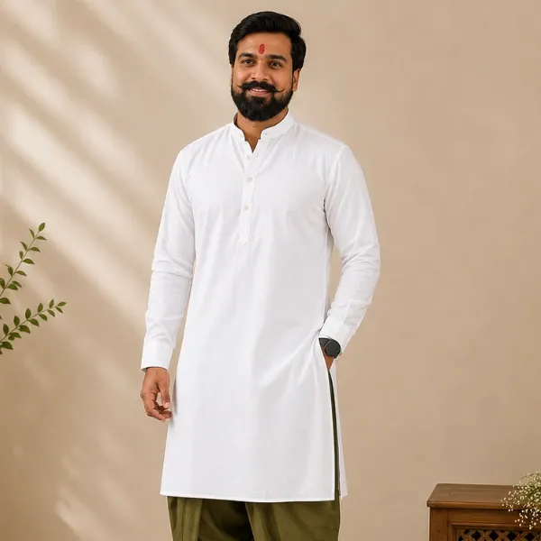 Men's White Cotton Long Kurta – Mandarin Collar with Contrast Piping