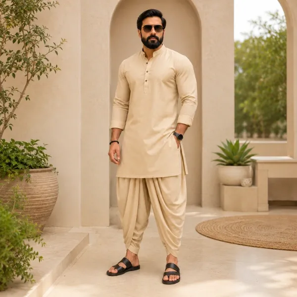 Men's Beige Cotton Kurta & Dhoti Co-ord Set