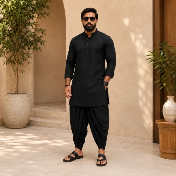 Men's Black Cotton Kurta & Dhoti Co-ord Set