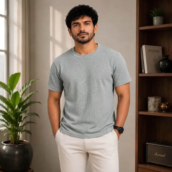 Premium Sage Grey Waffle Knit Half Sleeve T-Shirt